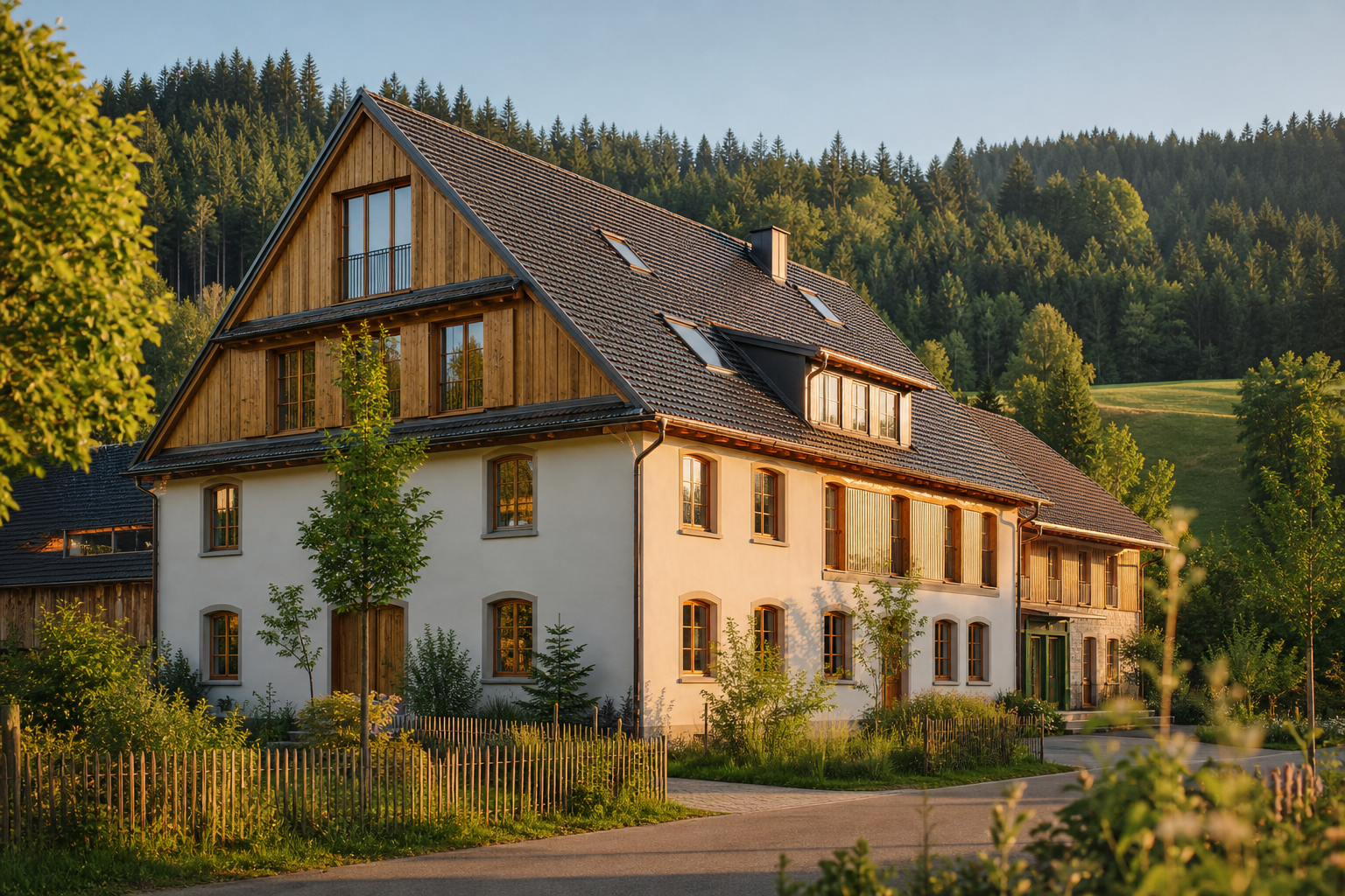Sanierter Altbau mit Schwarzwaldlandschaft im warmen Abendlicht