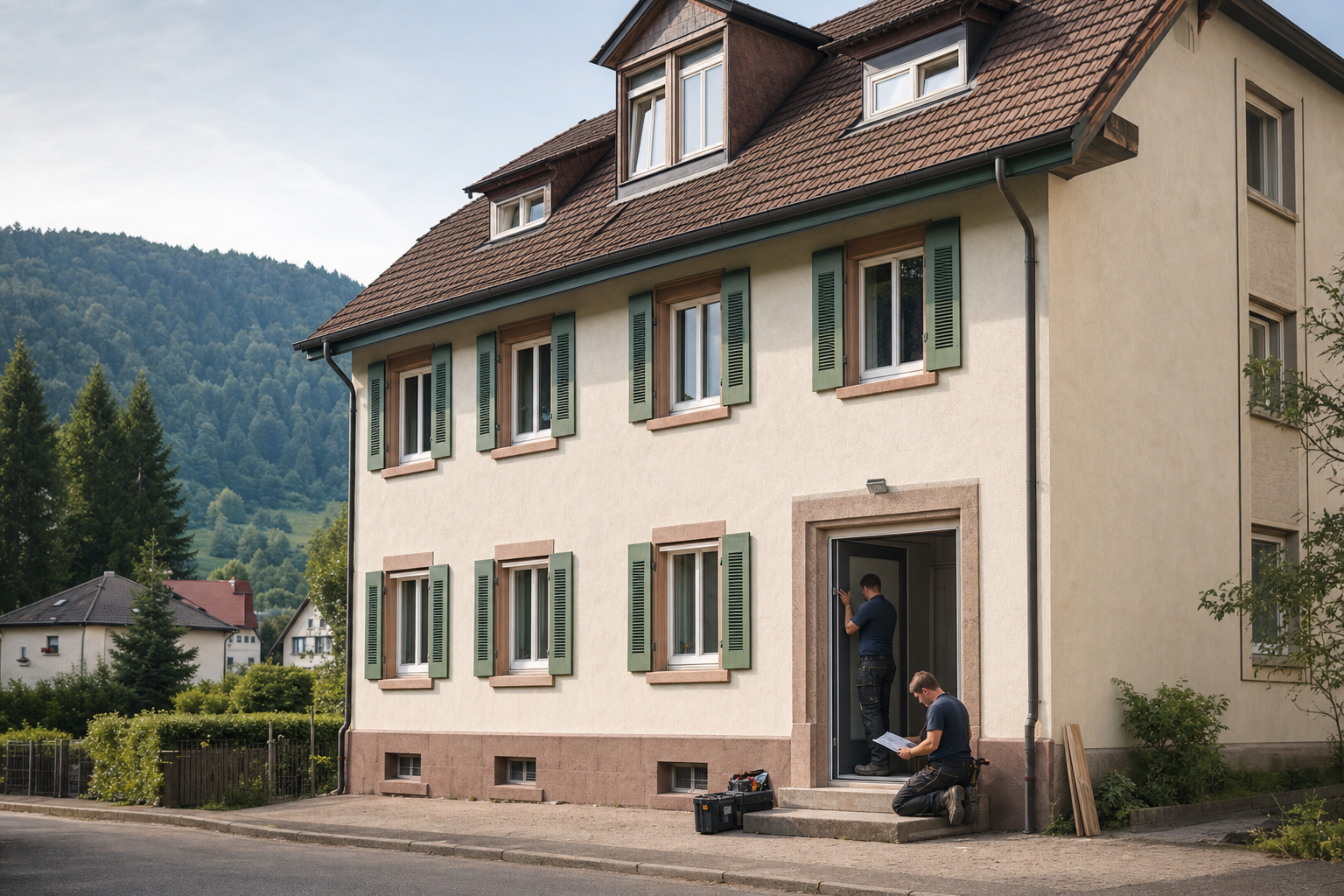 Älteres Mehrfamilienhaus im Wiesental während einer fachgerechten Prüfung des Eingangs- und Rettungswegbereichs