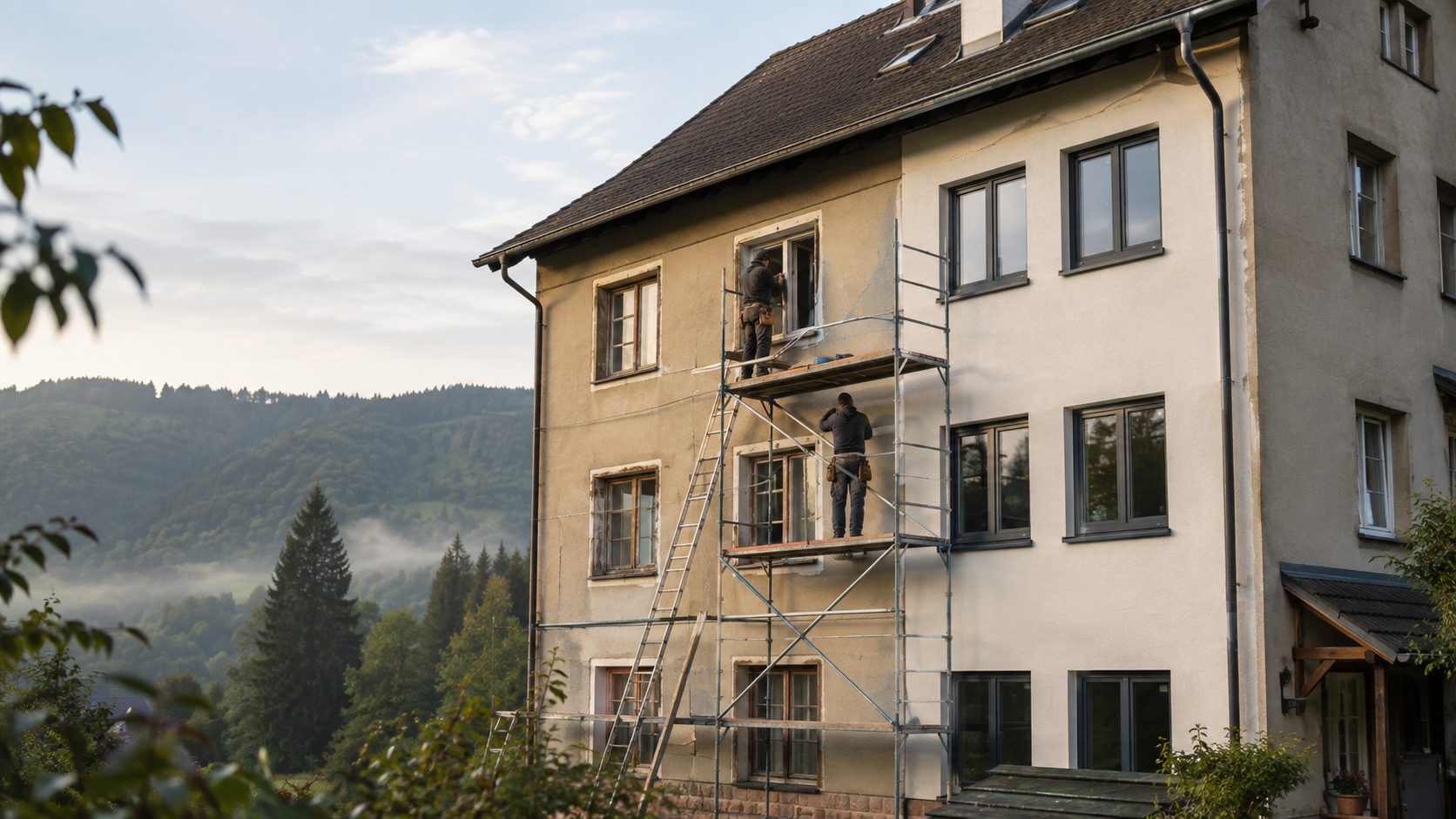 Fenstersanierung an einem Mehrfamilienhaus im Wiesental mit Schwarzwaldhügeln im Hintergrund